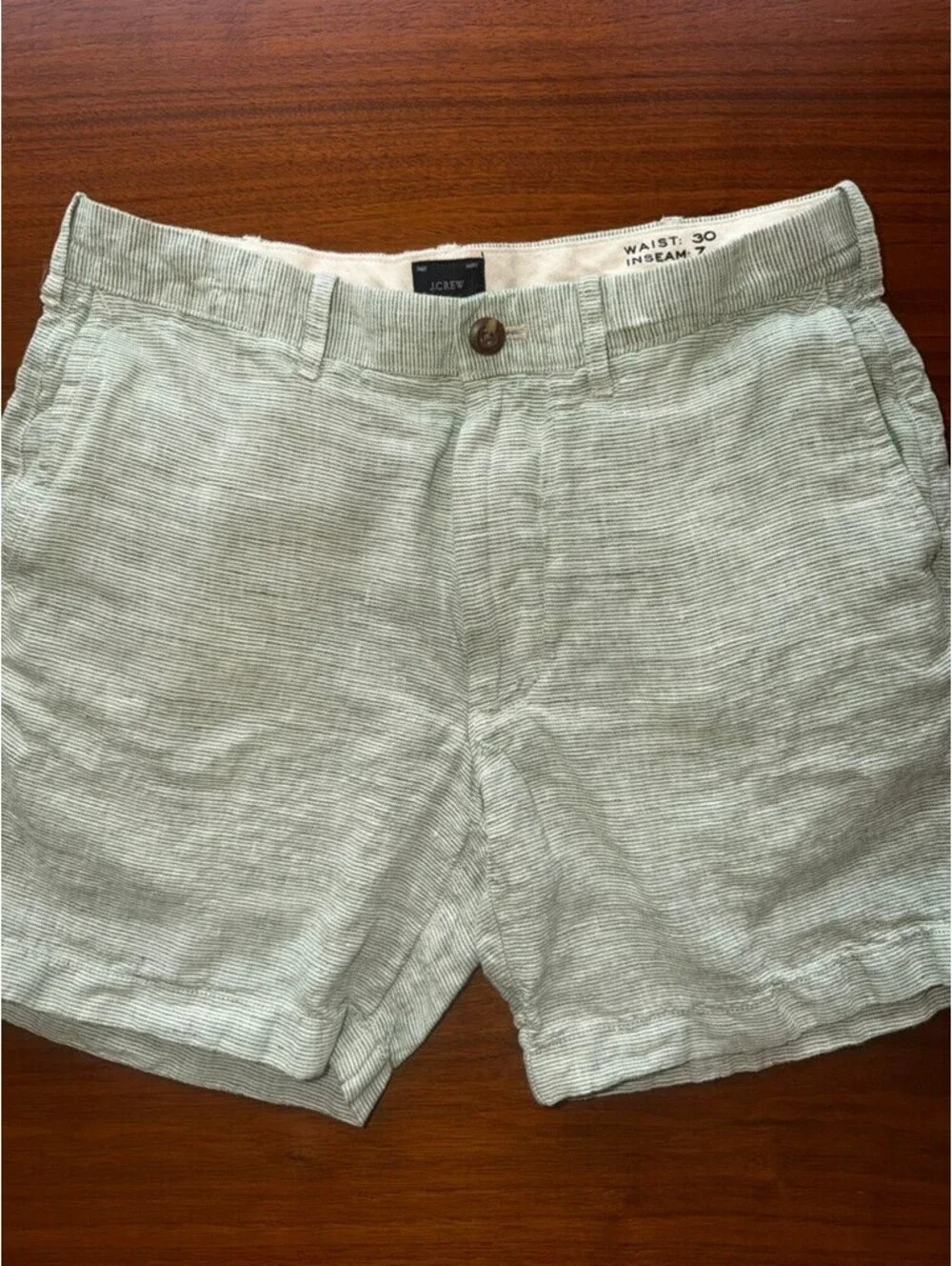 J.Crew Men's Green & White Striped Linen Shorts - Size 30
